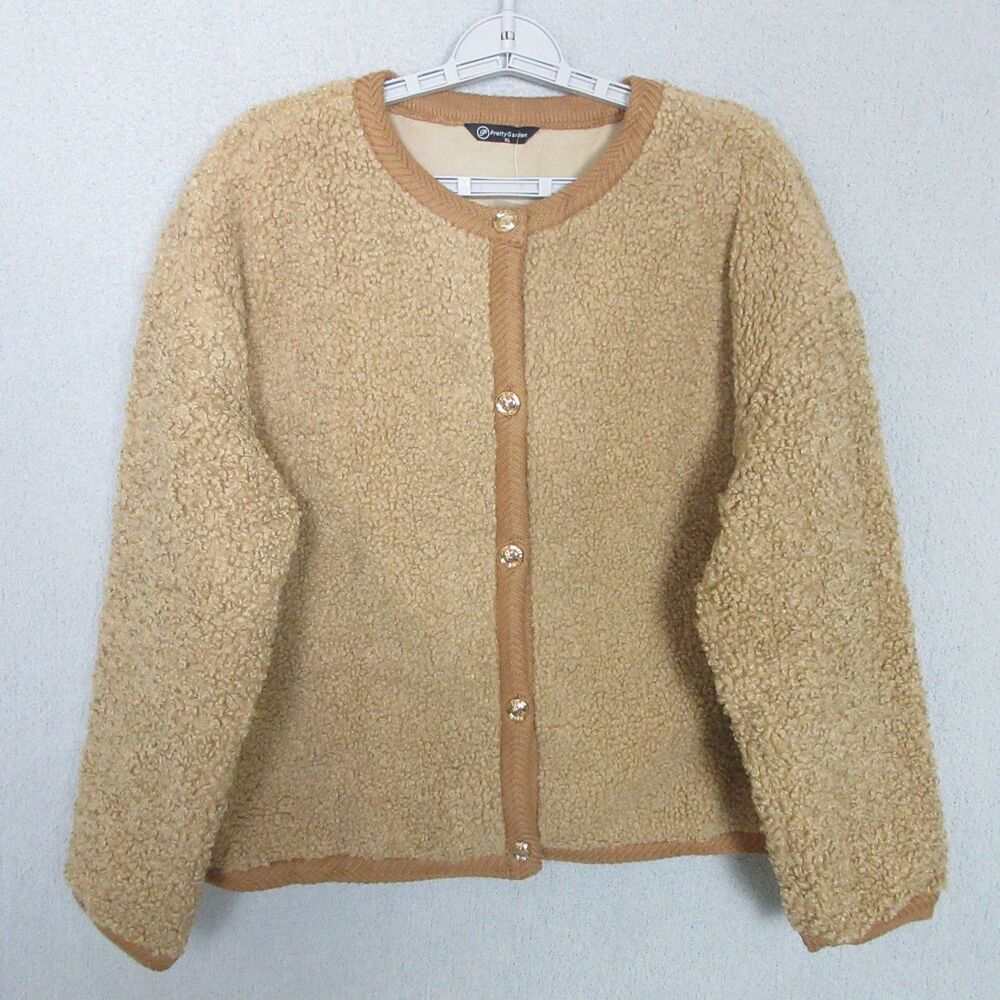 PrettyGarden Cardigan Womens XL Beige Faux Shearling Button Front Jacket Cozy